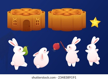 Bunnies and mooncakes element set isolated on dark blue background. Including cute rabbits, star, mooncake and mooncake house.