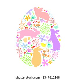 bunnies with nature fill in egg shape. Easter holiday design element. Vector illustration isolated on white background.