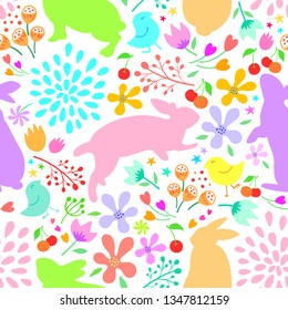 bunnies with nature seamless pattern. Easter holiday design element. Vector illustration isolated on white background.
