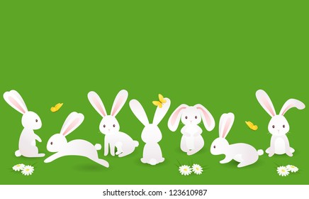 Bunnies on green grass set vector illustration