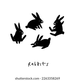 Bunnies on the lawn. A postcard with rabbits. Monochrome friends