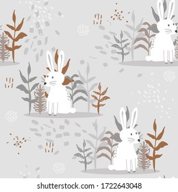 Bunnies, plants, hand drawn backdrop. Colorful seamless pattern with animals. Decorative cute wallpaper, good for printing. Overlapping background vector. Design illustration, rabbits