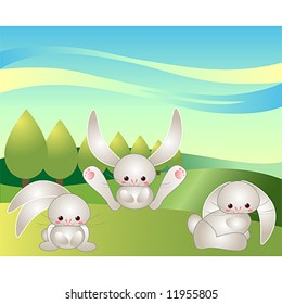 Bunnies at play in an idealized landscape