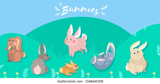 Bunnies playing outdoors. Rabbits in Spring