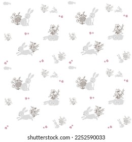 Bunnies and rabbits with flowers, seamless pattern with hand drawn vector illustrations