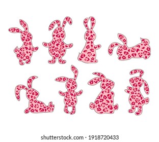 Bunnies, rabbits silhouette with leopard print. Vector illustration.