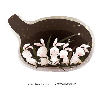 Bunnies or rabbits sleeping or hibernating in a den or burrow. Cute animal habitat illustration for children. Kids animal house cartoon, inside the bunny den. Vector wildlife drawing for kids.