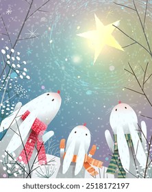 Conejos o conejos en el bosque mágico de invierno con ramas y nevadas. Mágico año Nuevo y Navidades cielo con estrella y copos de nieve tarjeta de felicitación. Vector de cuento de hadas ilustración de dibujos animados para niños.