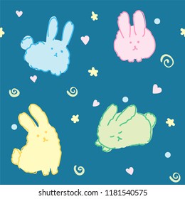 Bunnies seamless pattern cute rabbits fluffy kawaii wallpaper good night animals on blue night sky