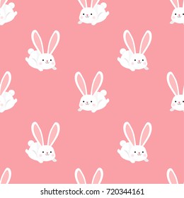 Bunnies seamless pattern vector illustration, Adorable white bunnies jumping on pink background.