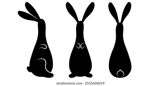 Bunnies Set, Three Sitting Rabbits, Rabbits from different angles, statue-like rabbits