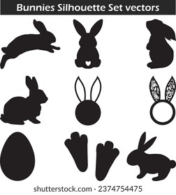 Bunnies Silhouette Set vectors, Egg, Bunnies Leg, Bunnies Ear Vector