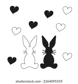 Bunnies silhouettes. Black and white outline. Vector image of rabbits, hares, heart in doodle style. Animal for icons, stickers, cover, print, textile, merch with rabbit, pattern, paper, scrapbooking