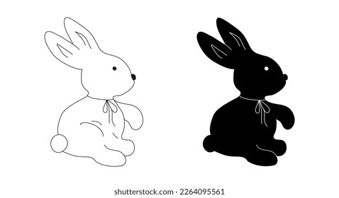 Bunnies silhouettes. Black and white outline. Vector image of rabbits, hares, bow in doodle style. Animal for icons, stickers, cover, print, textile, merch with rabbit, pattern, paper, scrapbooking