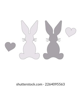 Bunnies silhouettes. Gray rabbits outline. Vector image hares heart in doodle style. Grayscale icon. Animal for icons, stickers, cover, print, textile, merch with rabbit, pattern, paper, scrapbooking.