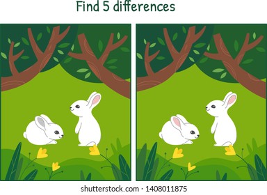 Bunnies sitting in forest, vector illustration. Find five differences. Educational game for kids.