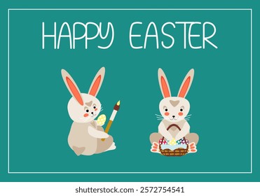 Bunnies sitting one with a brush and an egg in his paws, the other with a basket of colored eggs on a green background with the inscription happy Easter - vector card