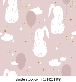 Bunnies, sky, air balloons, hand drawn backdrop. Colorful seamless pattern with animals. Decorative cute wallpaper, good for printing. Overlapping background vector. Design illustration, rabbits