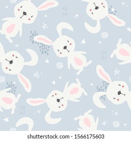 Bunnies and stars hand drawn backdrop. Colorful seamless pattern with animals. Decorative cute wallpaper, good for printing. Overlapping background vector. Design illustration, rabbits