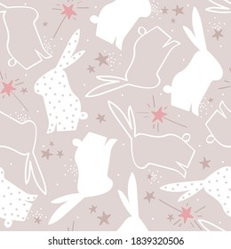 Bunnies, stars, hand drawn backdrop. Colorful seamless pattern with animals. Decorative cute wallpaper, good for printing. Overlapping background vector. Design illustration, rabbits