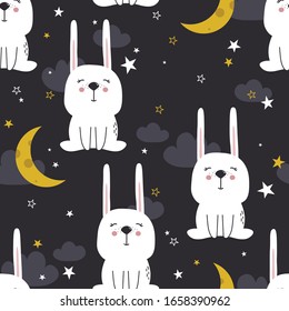 Bunnies, stars, moon and clouds hand drawn backdrop. Colorful seamless pattern with animals. Decorative cute wallpaper, good for printing. Overlapping background vector. Design illustration, rabbits