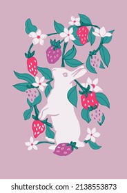 bunnies and strawberries. ready to use vector poster illustration. part of strawberry field collection. for wall art, poster, spring design, stationery, apparel design, print, and much more