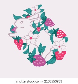 bunnies and strawberries. ready to use vector poster illustration. part of strawberry field collection. for wall art, poster, spring design, stationery, apparel design, print, and much more