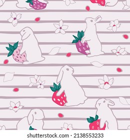 bunnies and strawberries vector seamless pattern. part of strawberry field collection. for fabric, print, stationary, wallpaper, cards and much more