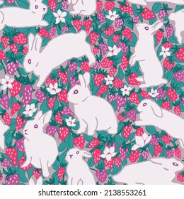 bunnies and strawberries vector seamless pattern. part of strawberry field collection. for fabric, print, stationary, wallpaper, cards and much more