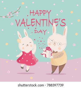 Bunnies with sweets and slogan. Vector Valentine's day or wedding card, t shirt