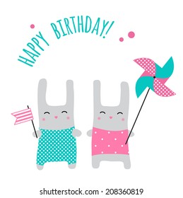Bunnies twins with whirligig and  flag