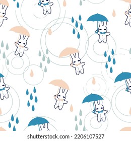 Bunnies with Umbrella Rainy Days Vector Graphic Art Seamless Pattern can be use for background and apparel design