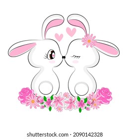 Bunnies Valentine's Day A pair of cute enamored rabbits with cute eyes with eyelashes with flowers beautiful card Valentine's Day print on textiles on a t-shirt on packaging. Vector illustration