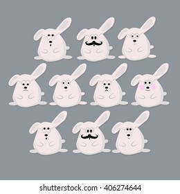 Bunnies wearing glasses with different faces. Smiling and crying rabbits. 