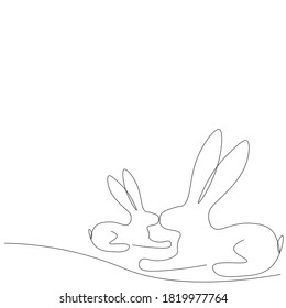 Bunny animal mom and baby line drawing, vector illustration