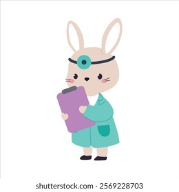 Bunny Animal Work in Ambulance and Hospital Hold Clipboard Vector Illustration