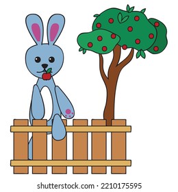 Bunny with an apple in his teeth climbs over the fence. Cute childish illustration in cartoon style isolated on white background.