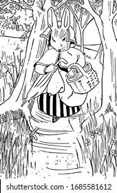 Bunny Was Ashamed of His Parents, this scene shows a rabbit in human dress walking on road and holding umbrella and basket, trees around road, vintage line drawing or engraving illustration