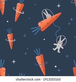  Bunny Astronaut In Carrot Rocket In Veggie Space Seamless Vector Pattern. Extraterrestrial Fictional Childish Background For Textile Apparel Design Print