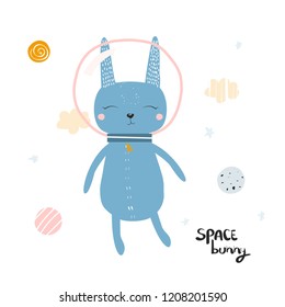 Bunny astronaut in open space with quote. Childish print. Vector hand drawn illustration. 