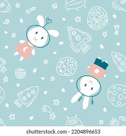 The bunny as an astronaut in space doodle seamless pattern. Perfect print for T-shirt, textile, fabric. Hand drawn vector illustration for decor and design.

