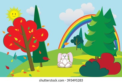 Bunny in autumn forest with a rainbow in background.Vector illus