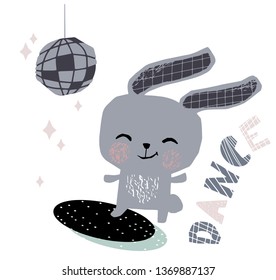 Bunny baby dance cute print. Sweet rabbit listen to music. Disco retro party. Cool illustration for nursery poster, t-shirt, kids apparel, party and baby shower invitation. Simple child design