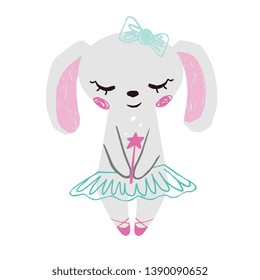 Bunny baby girl cute print. Sweet rabbit with magic wand, bow, ballet tutu, pointe shoes. Cool animal illustration for nursery t-shirt, kids apparel, birthday card, invitation. Simple child design