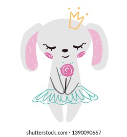 Bunny baby girl cute print. Sweet rabbit with sweet lollipop, ballet skirt, crown. Cool animal illustration for nursery t-shirt, kids apparel, birthday card, invitation. Simple child design