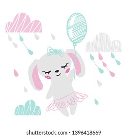 Bunny baby girl cute print. Sweet rabbit flying on balloons among clouds with bow, ballet tutu, pointe shoes. Cool animal illustration for nursery, t-shirt, kids apparel, birthday card. Girly design