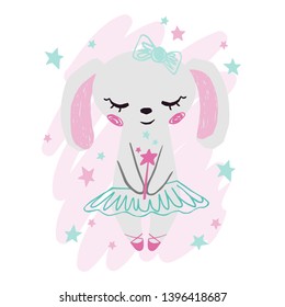 Bunny baby girl cute print. Sweet rabbit with magic wand, bow, ballet tutu, pointe shoes. Cool animal illustration for nursery, t-shirt, kids apparel, birthday card, invitation. Simple child design