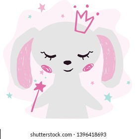 Bunny baby girl cute print. Sweet rabbit princess with magic wand and crown. Cool animal illustration for nursery t-shirt, kids apparel, birthday card, invitation. Simple girly child design