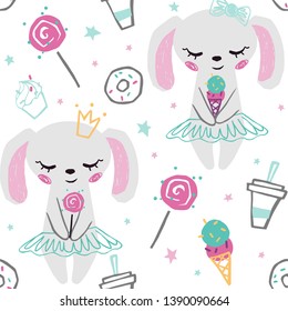 Bunny baby girl cute seamless pattern. Sweet rabbit with sweets, lollipop, coffee, ice cream, tutu. Cool animal illustration for nursery t-shirt, kids apparel, baby print. Simple child design