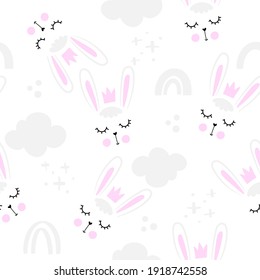 Bunny baby rabbit pattern design with bunny heads and cloudy sky - funny hand drawn doodle, seamless pattern. Lettering poster or t-shirt Happy Easter design. Wallpaper, wrapping paper, background.